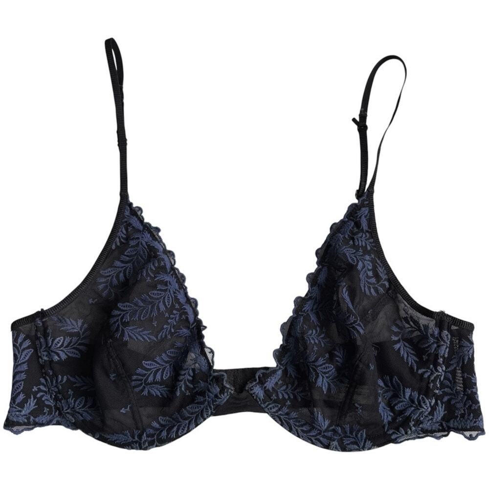 Intimately By Free People Black Mesh Blue Floral Unlined Underwire Bra Size 36B